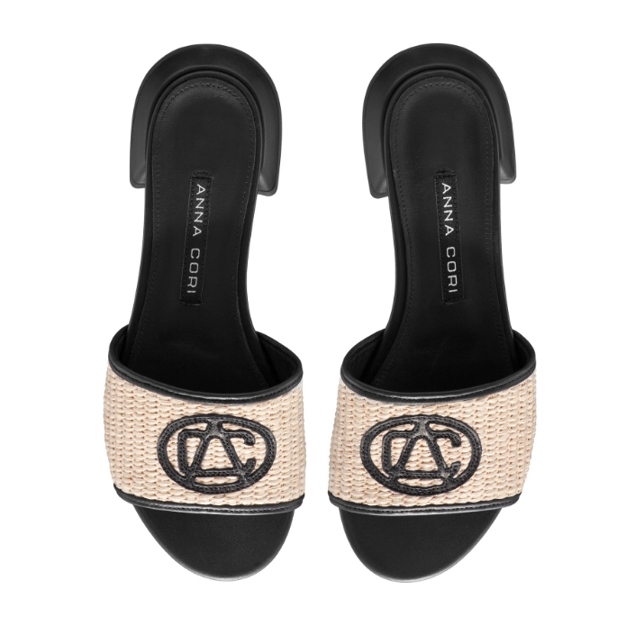 Imagine Saboti Dama 8082 Rafia Bej+Vitello Negru